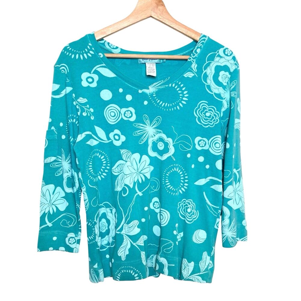 Fresh Produce Womens V-neck Cotton Floral Top Shirt Pocket Size M